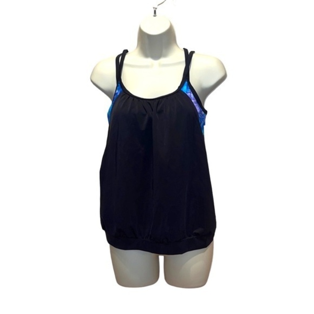 New Women’s Aqua Tech Blouson Tankini Top Blue Tie Dye Black Medium NWT